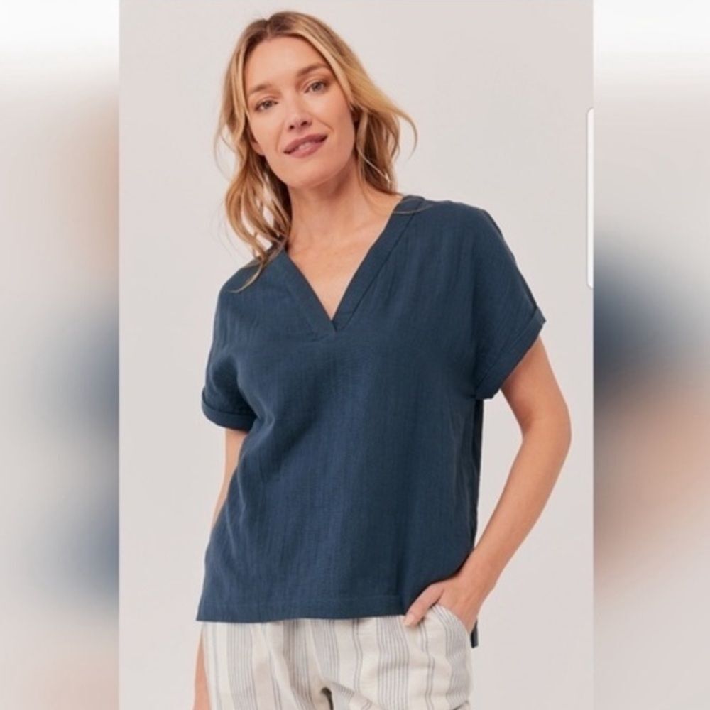 NEW PACT 100% Organic Cotton Gauze Crinkle Blue Navy V-Neck Boxy Coastal Top XS